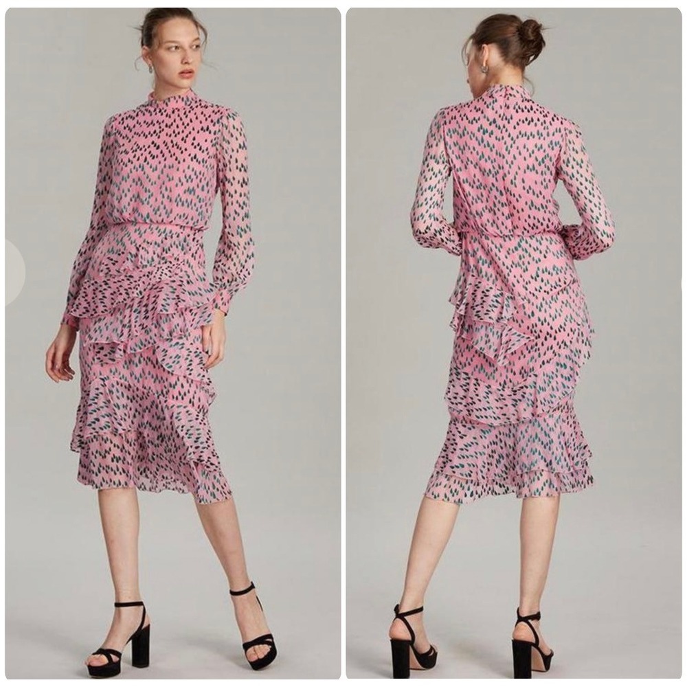 Saloni Issa Ruffle Midi‎ Dress Women 2 Pink Green Teardrop Silk Blend EUC